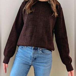 Vintage Subtle Plaid Textured Wool Crewneck Sweater In Chocolate Brown
